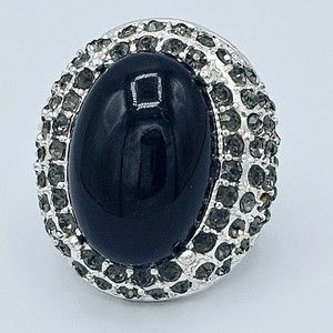 Cabochon Ring Vintage Stretch Black Gem Gray Rhinestone Costume Estate Jewelry
